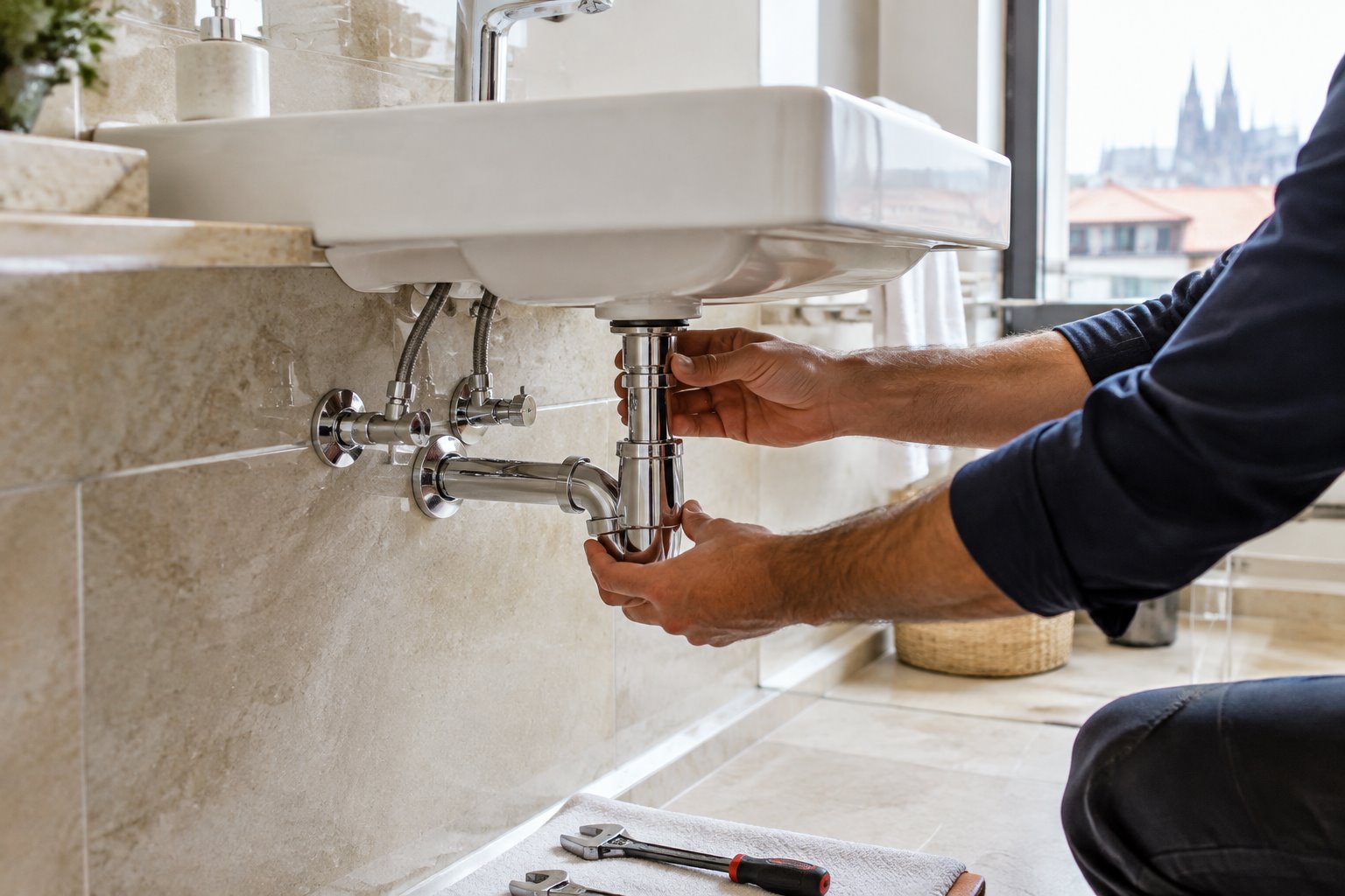 Intervento idraulico sotto un lavabo in un bagno
